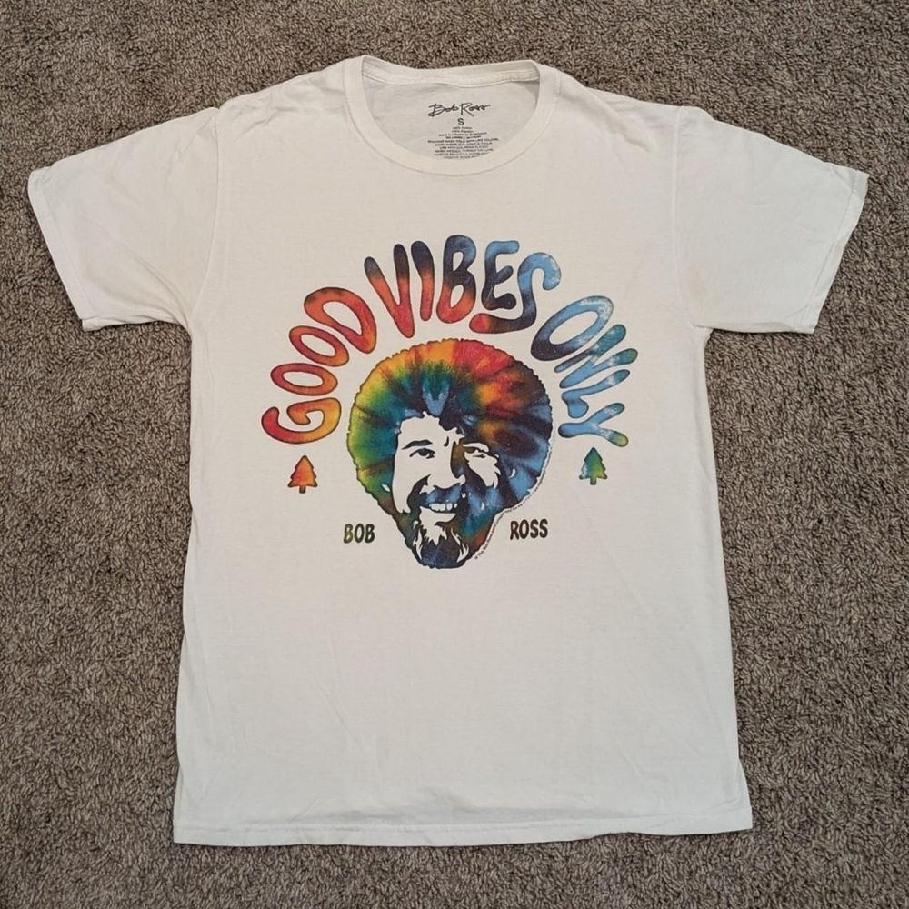 Vintage Official Bob Ross Mens T-shirt White Size Small Good Vibes Only Graphic